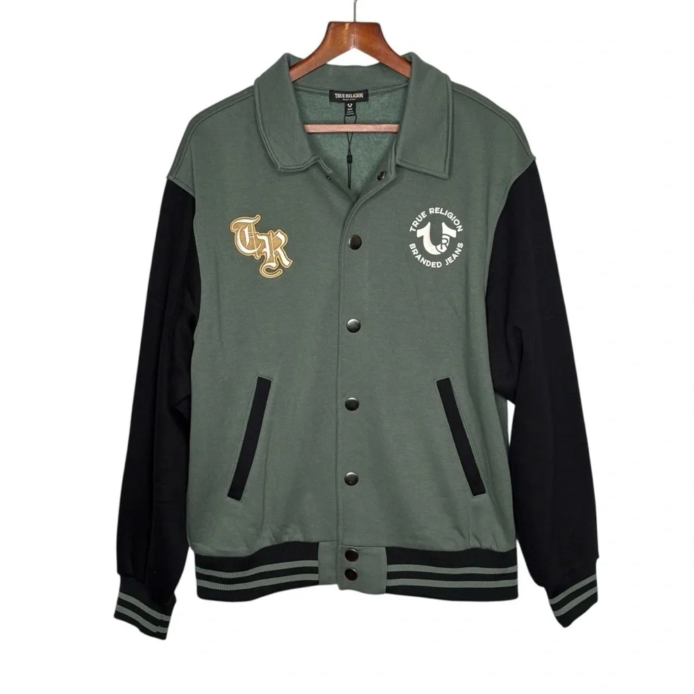 NEW True Religion Collared Patch Fleece Varsity Jacket Mens Medium M MSRP $159